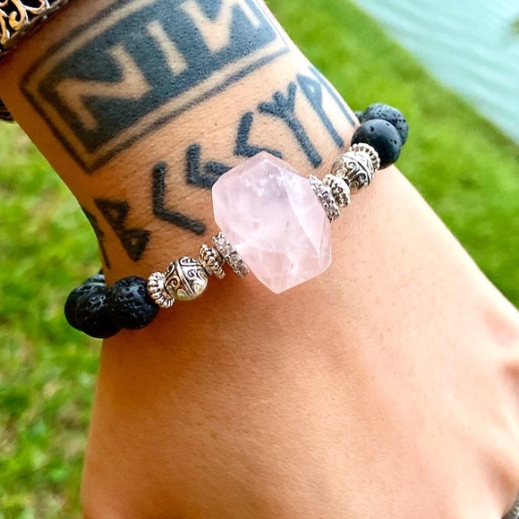 Silverskylight Jewelry - Genuine rose quartz , cz , lava rock bracelet